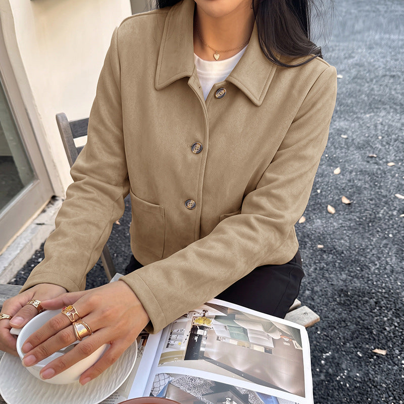 Faux Suede Cropped Collared Jacket Button Front Coat