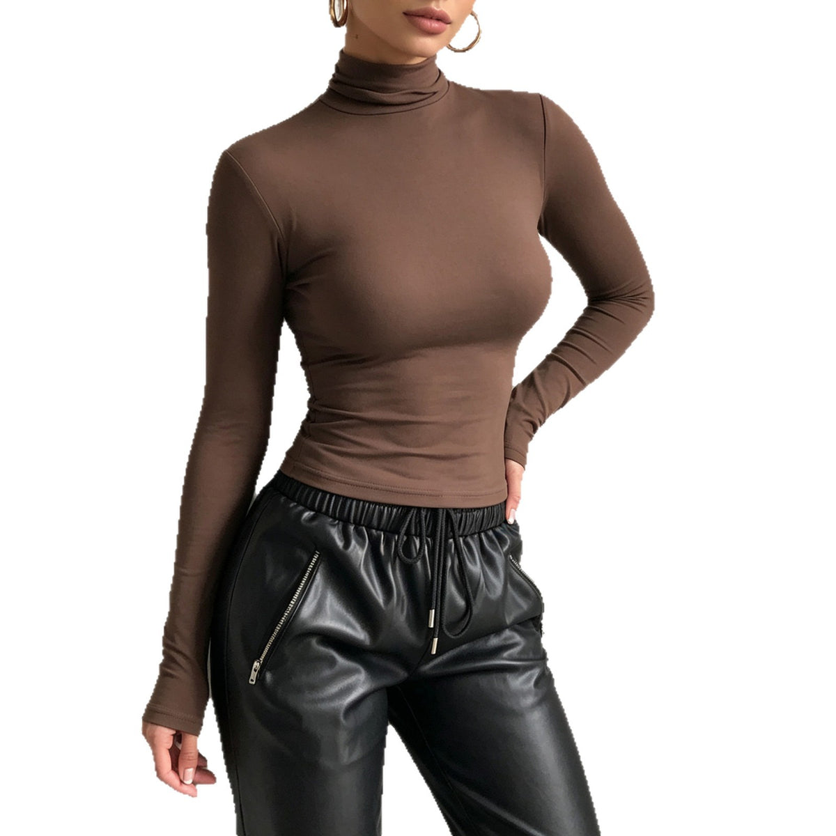 Brown Mock Neck Long Sleeve Fitted Crop Top