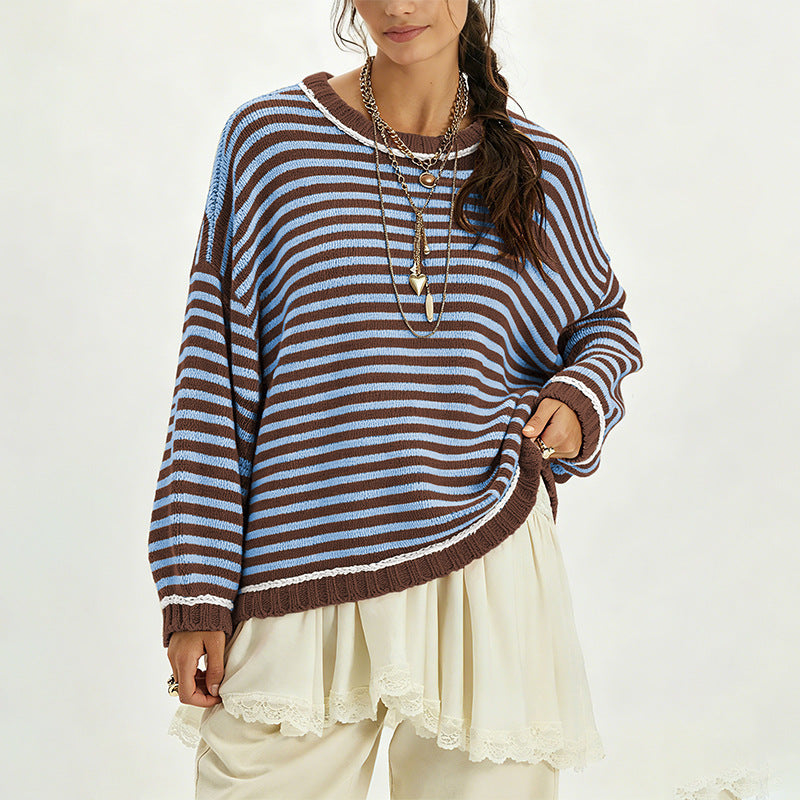 Oversized Color Block Striped Sweater Balloon Sleeve