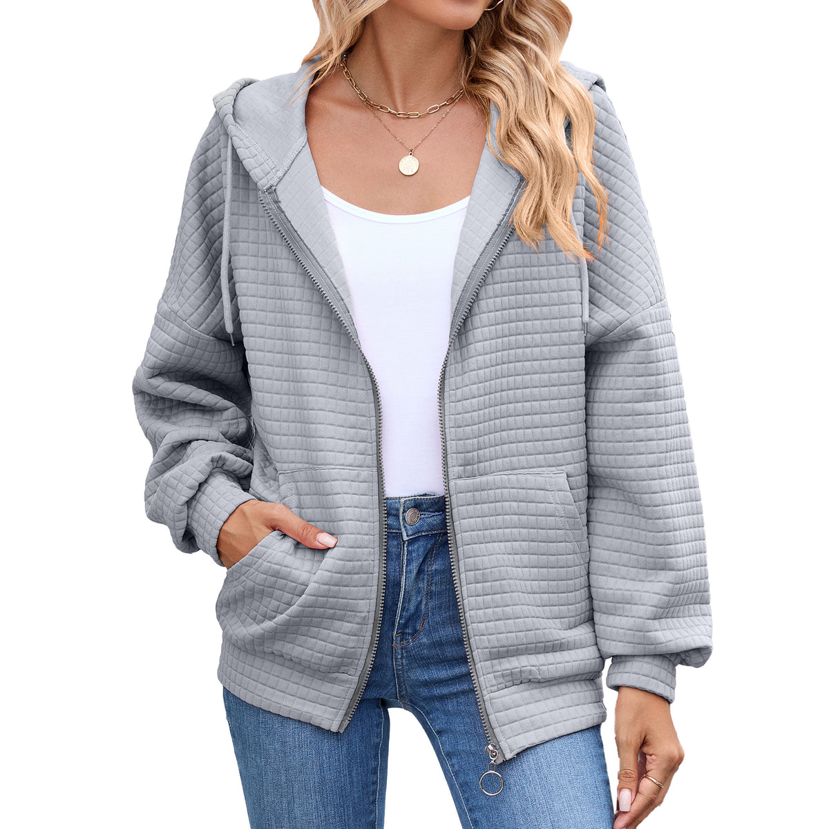 Women's Oversized Quilted Zip-Up Hoodie Jacket Pockets