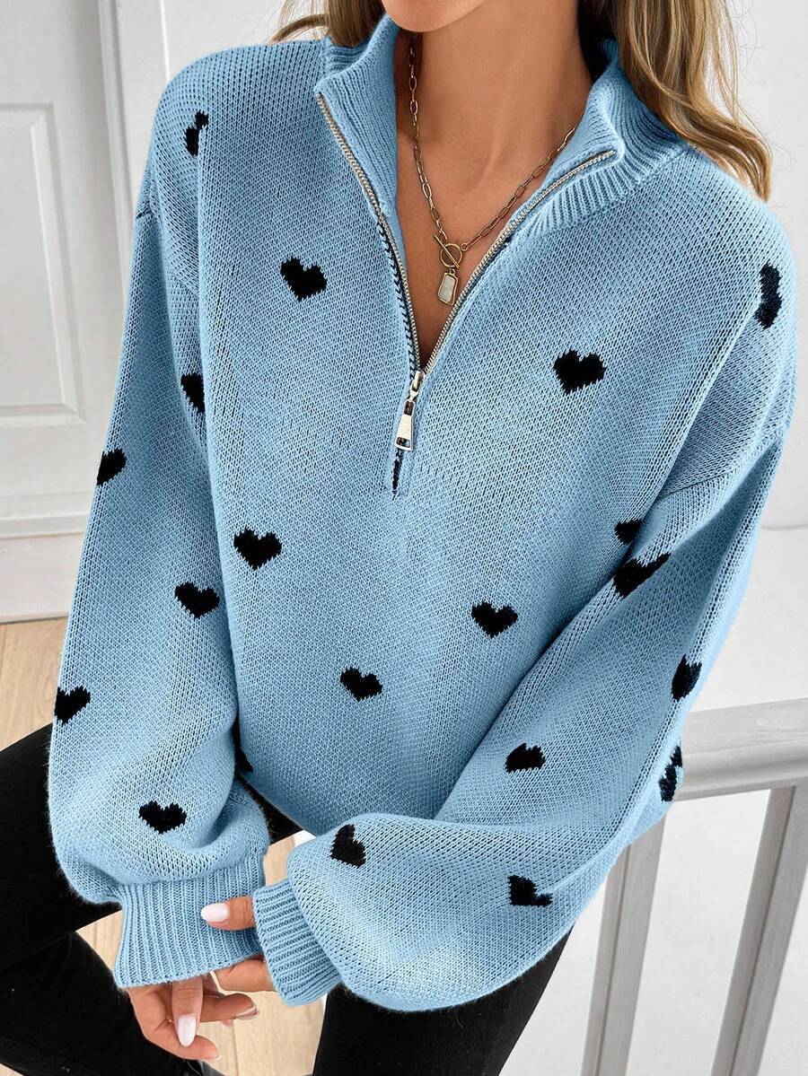 Half Zip Sweater with Heart Print, Oversized Knit Pullover
