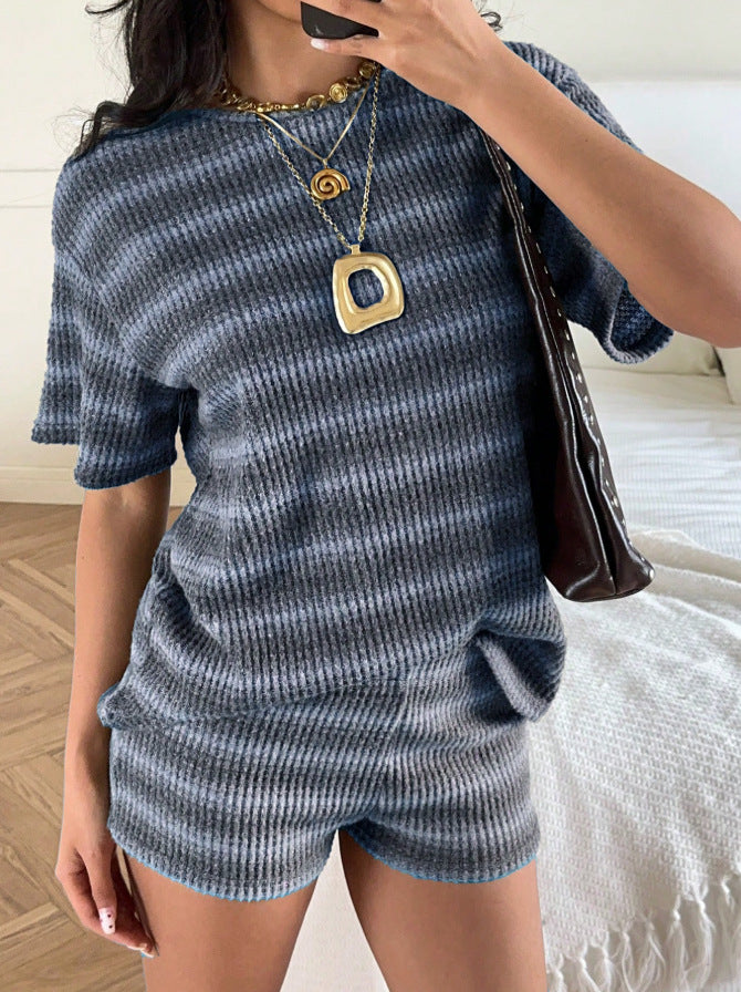 Striped Knit Lounge Set Boutique Shorts Fitted Ribbed