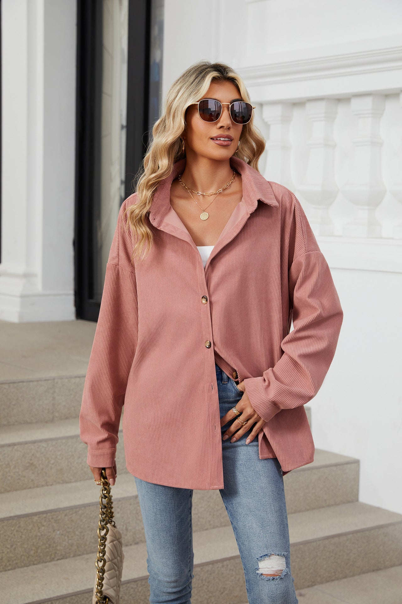 Solid Color Lapel Button-down Long-sleeved Loose Shirt