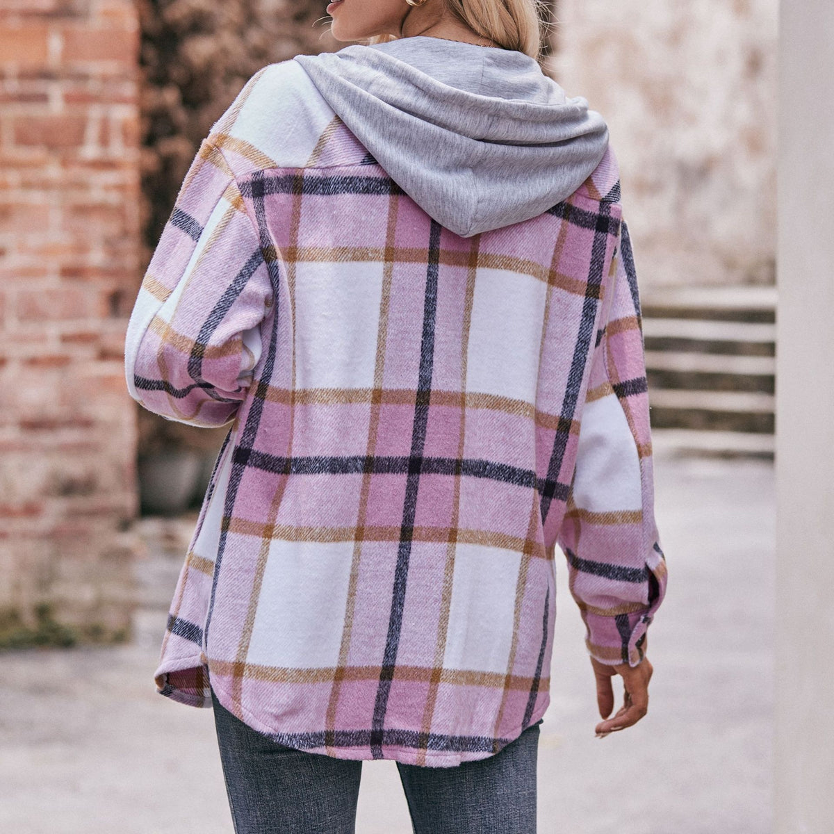 Women's Hooded Plaid Shacket Oversized Shirt Jacket