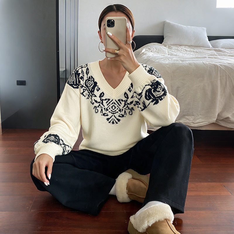 Women's Oversized V-Neck Rose Sweater Vintage Knit Pullover
