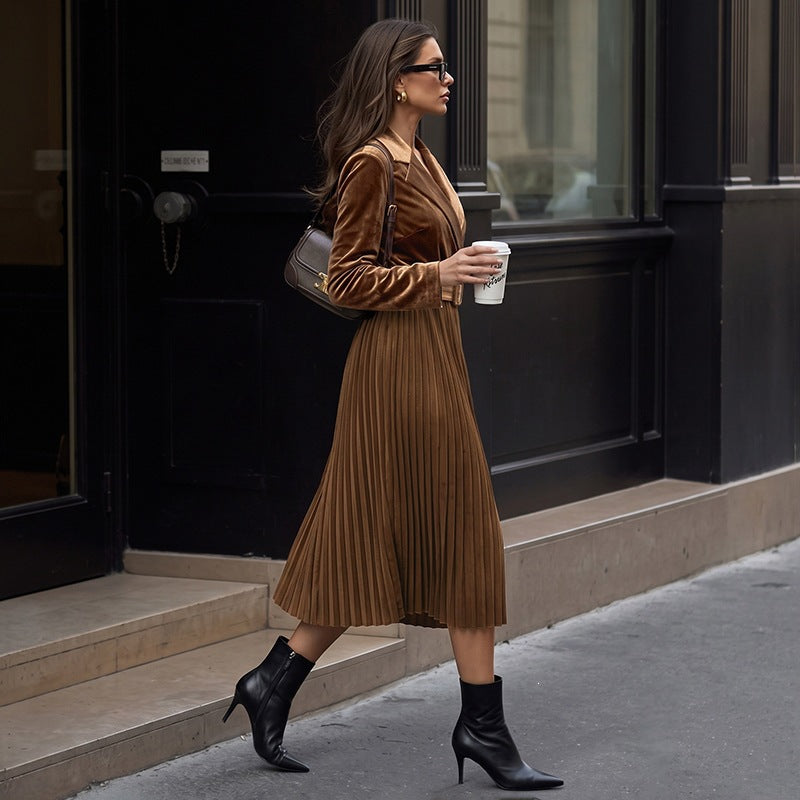 Velvet Pleated Midi Dress Long Sleeve Belted Lapel