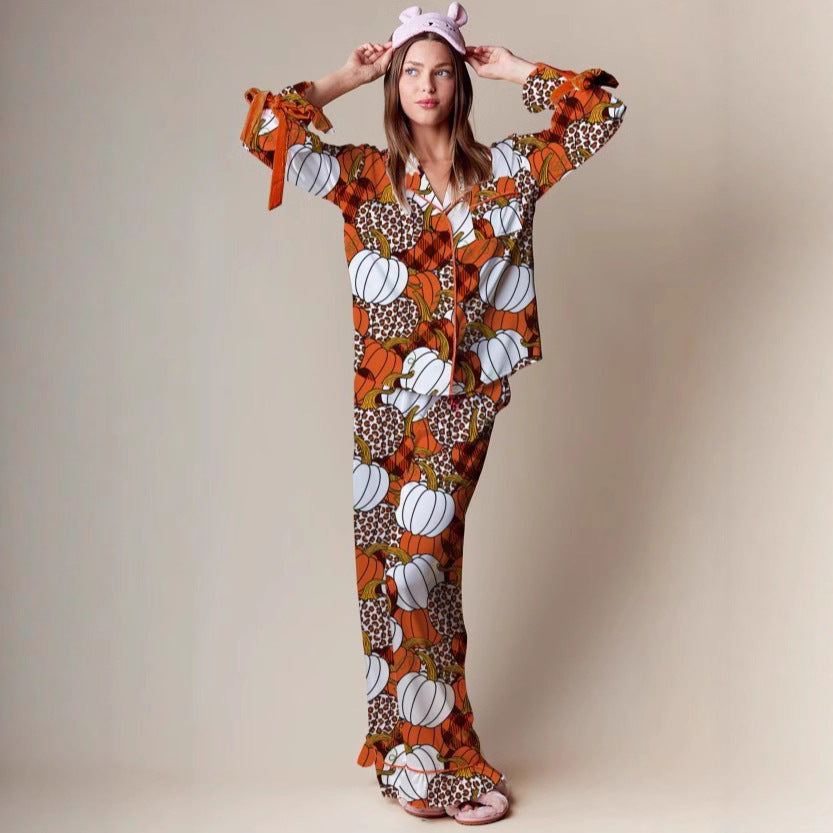 Halloween Pumpkin Print Pajama Set Long Sleeve Lounge Set