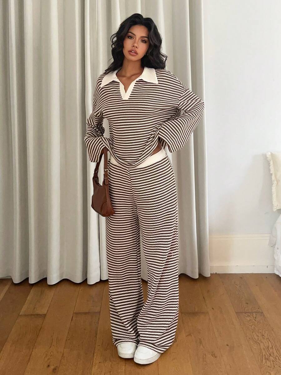 Women's Knit Stripe Loungewear Set Long Sleeve Top Pants