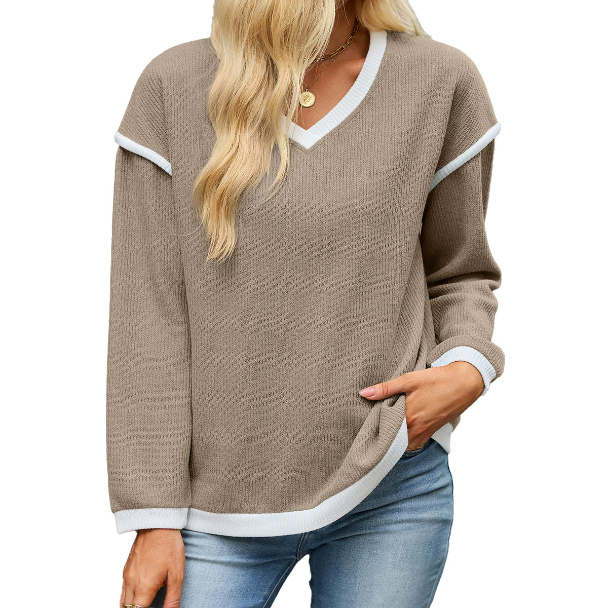 Women's V Neck Contrast Trim Oversized Long Sleeve Sweater