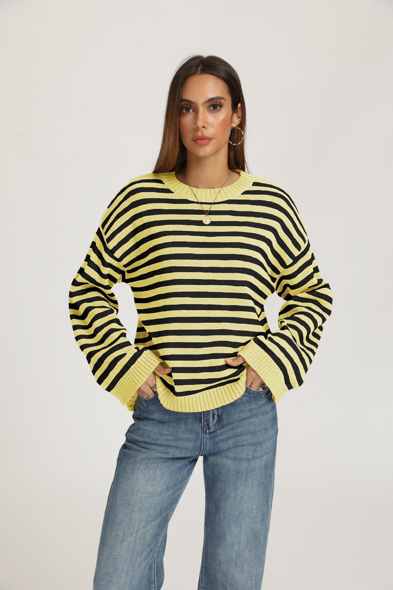 Striped Oversized Crew Neck Knit Sweater Casual Pullover