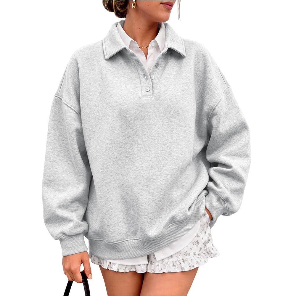 Polo Collar Fleece Pullover Oversized Casual Sweatshirt