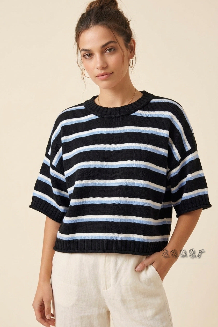 Women's Oversized Striped Short Sleeve Crewneck Sweater