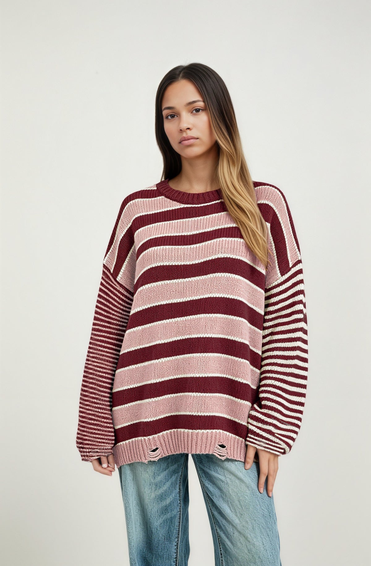 Oversized Striped Crew Neck Chunky Knit Sweater