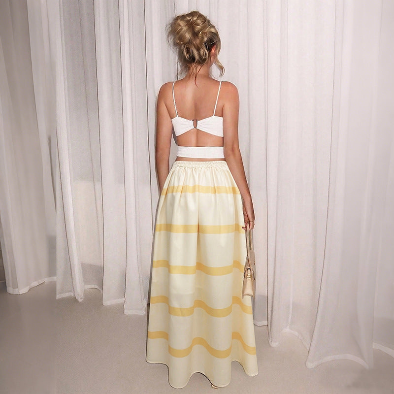 Women High Waist Stripe Pleated Maxi Skirt