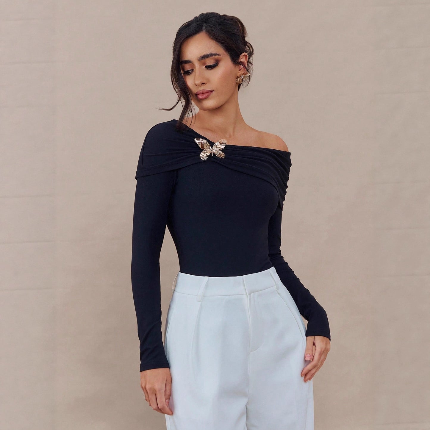 Black Off Shoulder Butterfly Brooch Long Sleeve Top