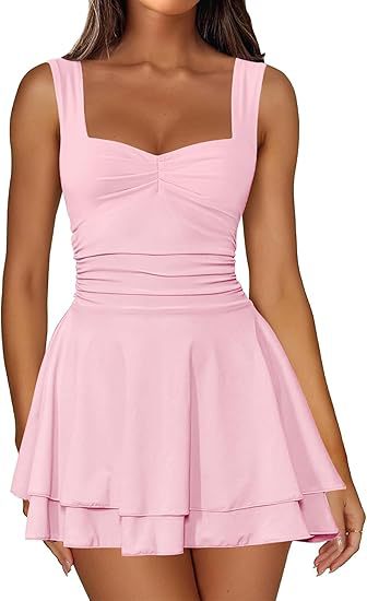 Square Neck Ruched Waist Tiered Mini Dress for Women