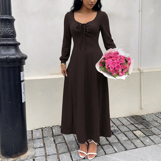 Brown Square Neck Tie Front Long Sleeve Knit Maxi Dress