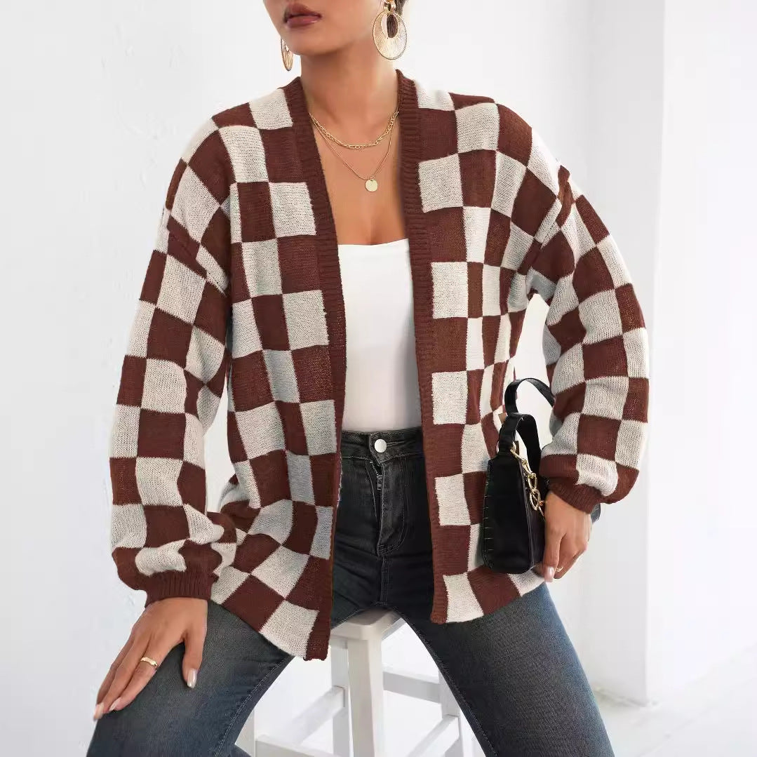 Women's Checkered Cardigan Color Block Knit Open Front
