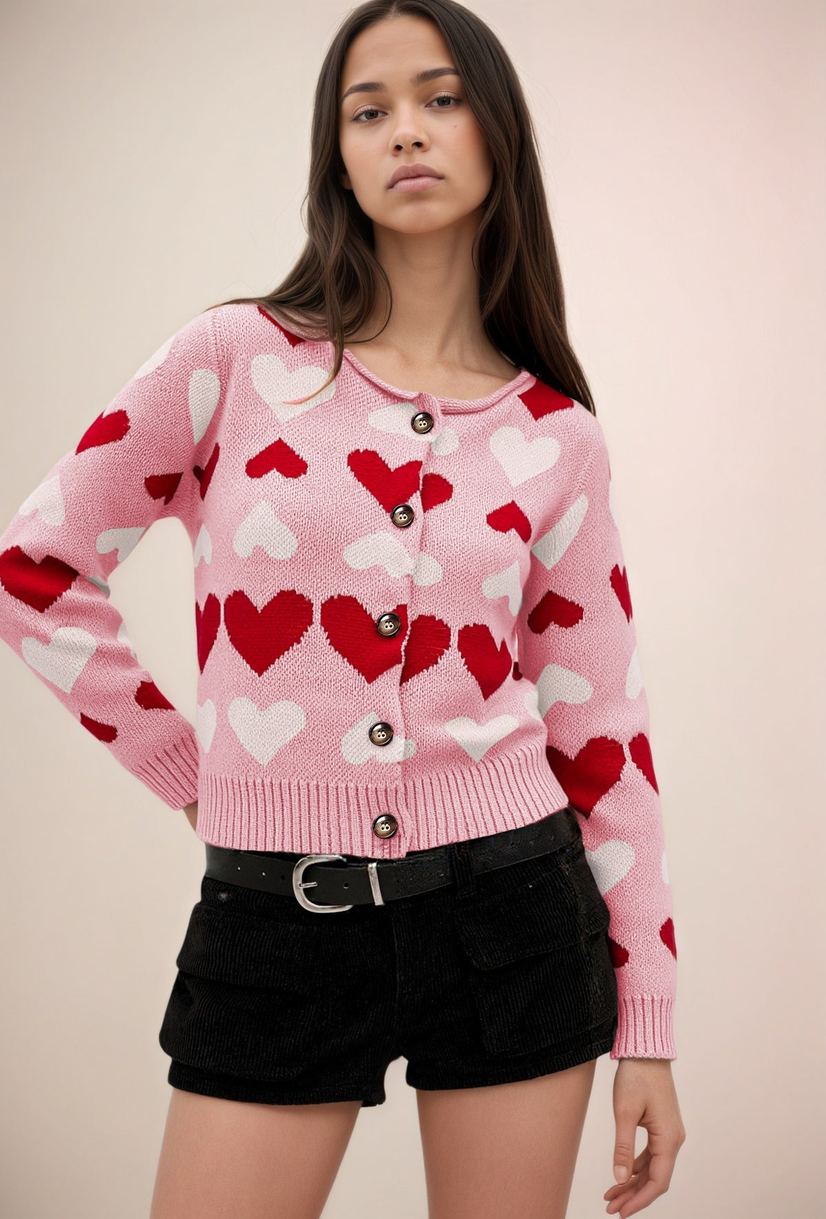 Women's Heart Print Button Front Knit Cardigan Sweater