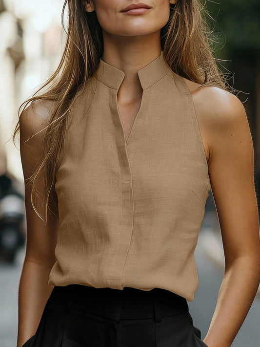 Solid Chiffon Blouse Boutique Draped V Neck Sleeveless Top