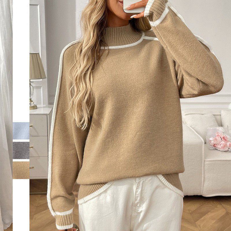 Women's Oversized Mock Neck Contrast Trim Sweater