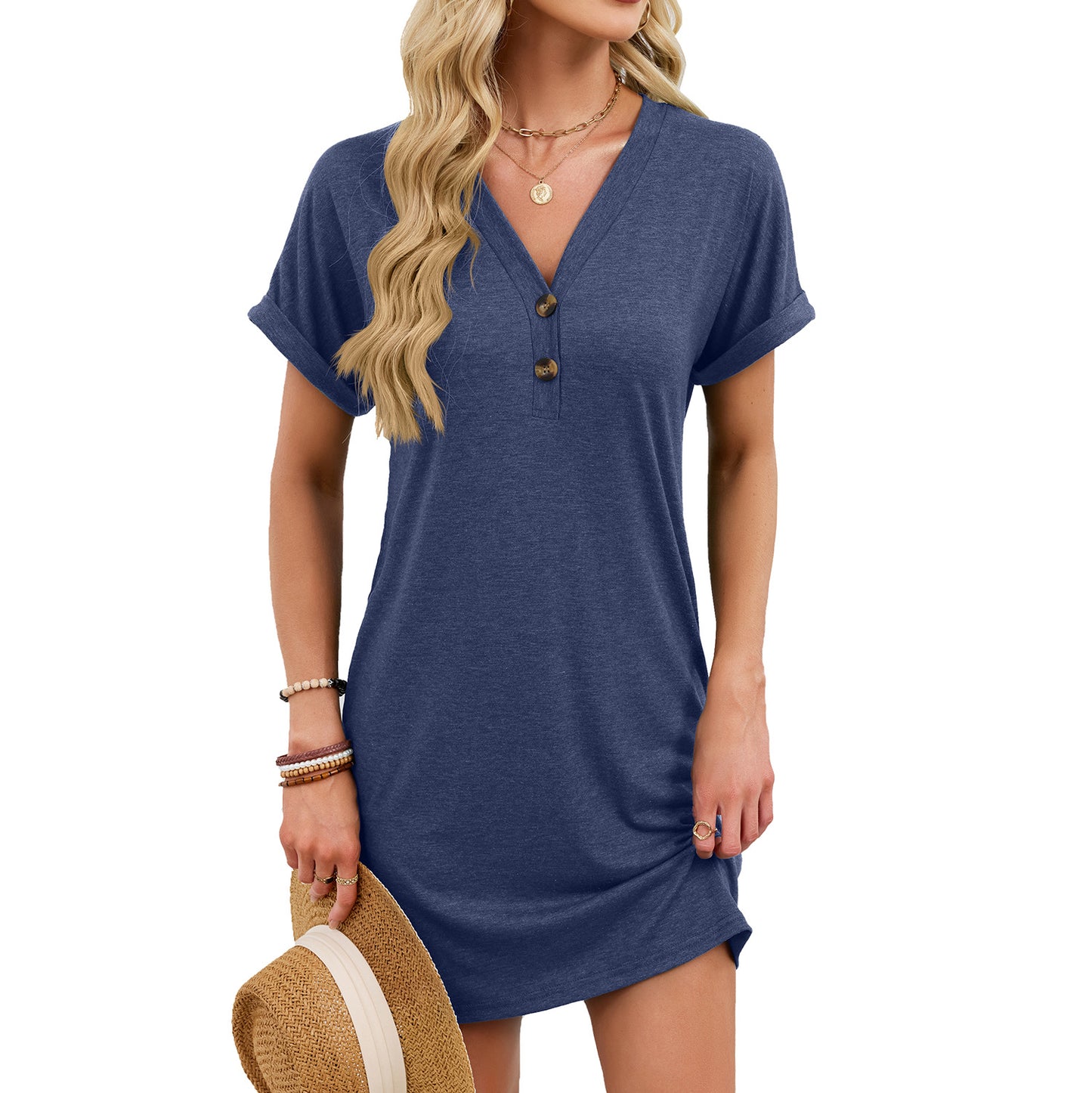 Casual V-Neck Short Sleeve Button Mini T-Shirt Dress