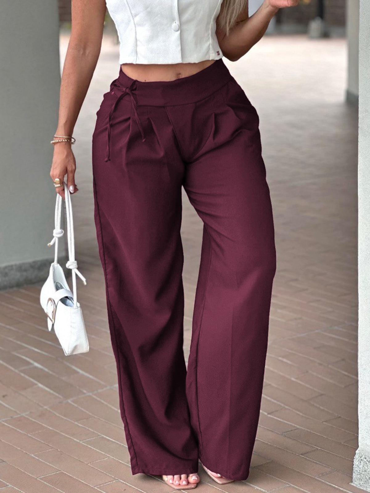 Women's High Waist Side Tie Wide Leg Dress Pants