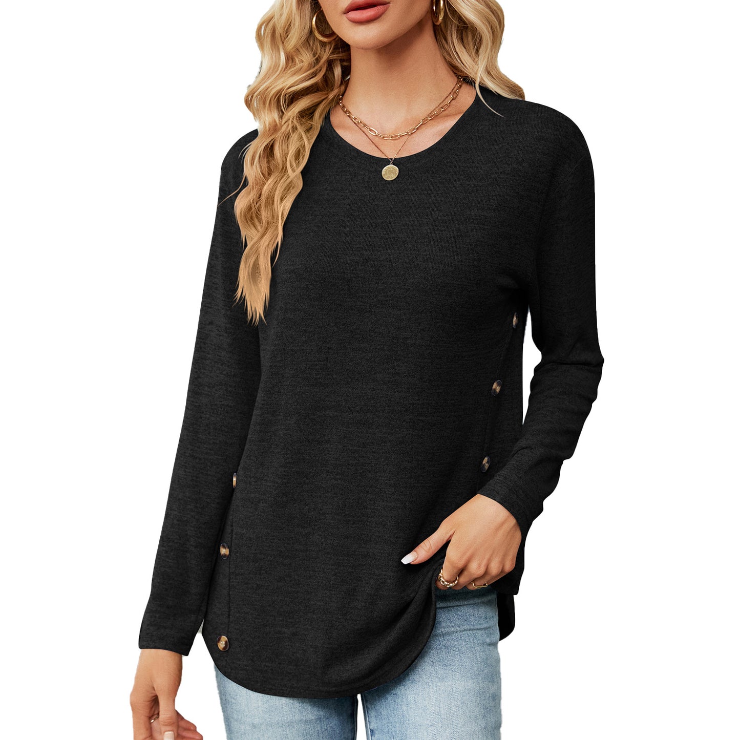 Womens Loose Crewneck Button Side Long Sleeve Tunic Tee