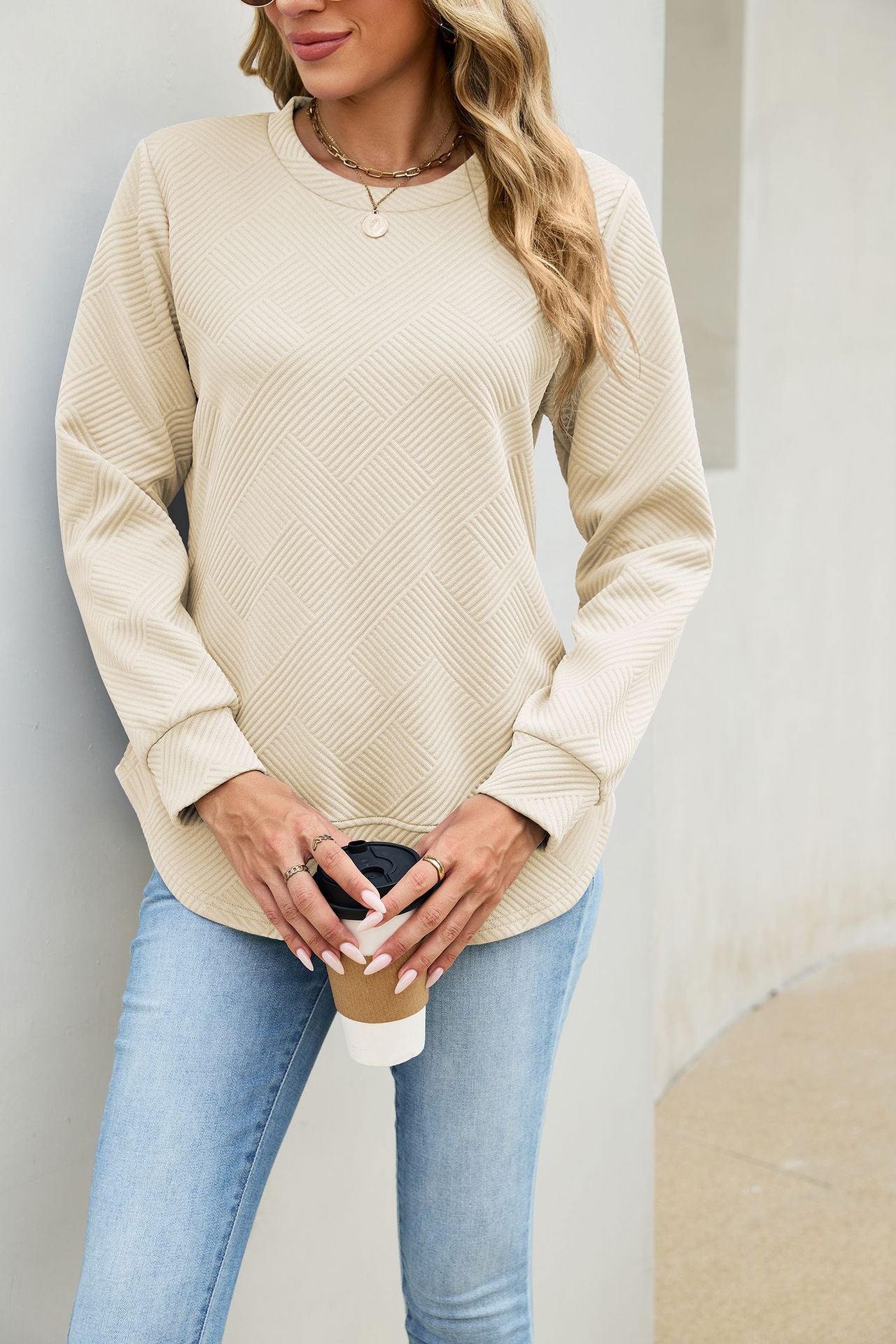 Solid Textured Cotton Sweatshirt Relaxed Long Sleeve Top