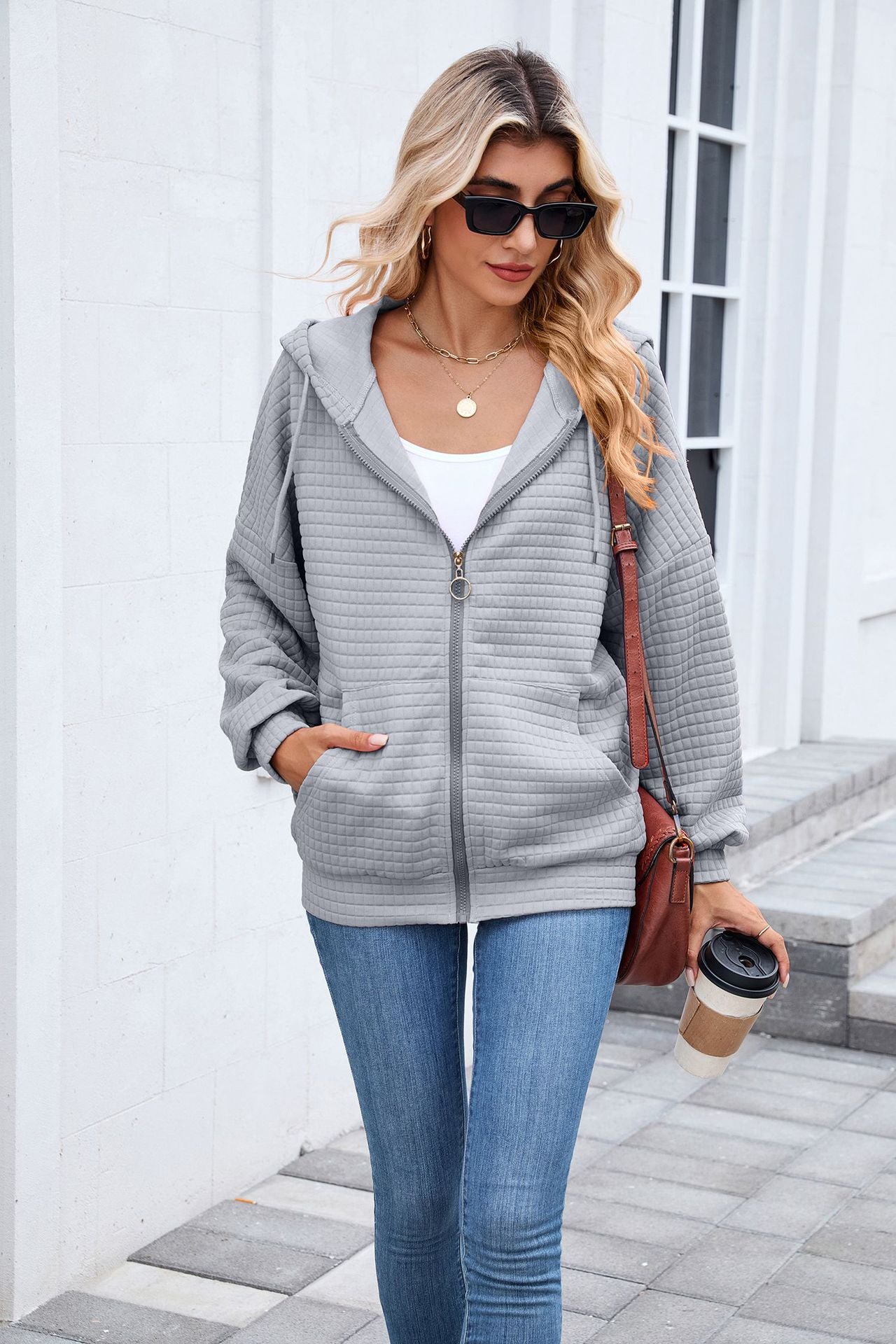 Quilted Zip-Up Hoodie Jacket | Casual Long Sleeve Sweatshirt