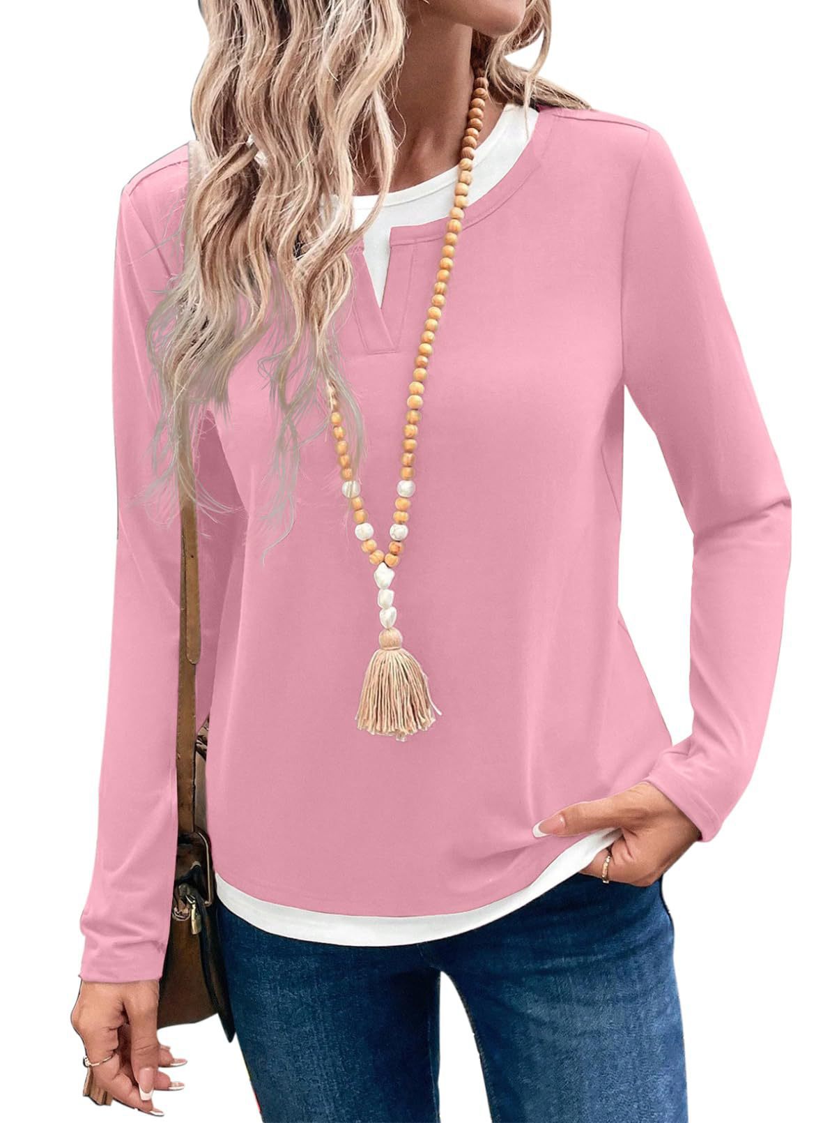 Color Block Long Sleeve Top Layered Look Casual Tee