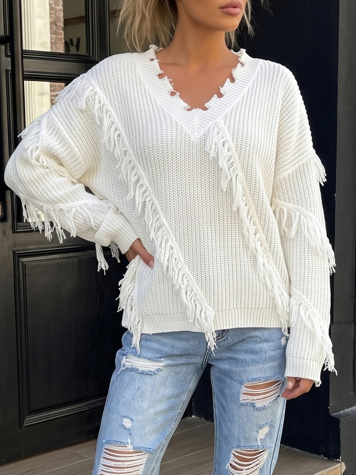 Women's Oversized V Neck Fringe Chunky Knit Sweater