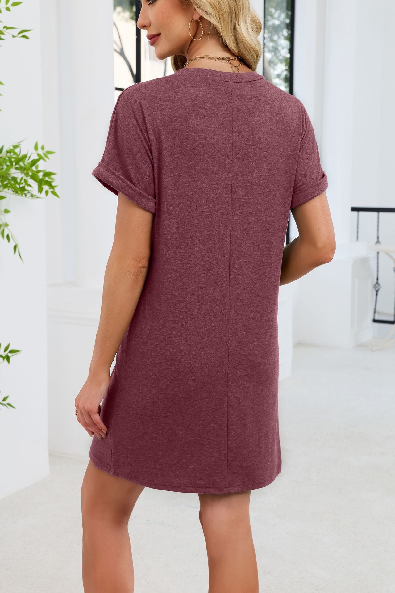 Casual V-Neck Short Sleeve Button Mini T-Shirt Dress