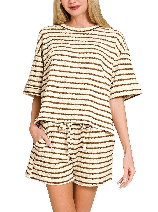 Striped Cotton Shorts Set Boutique Textured Knit Loungewear