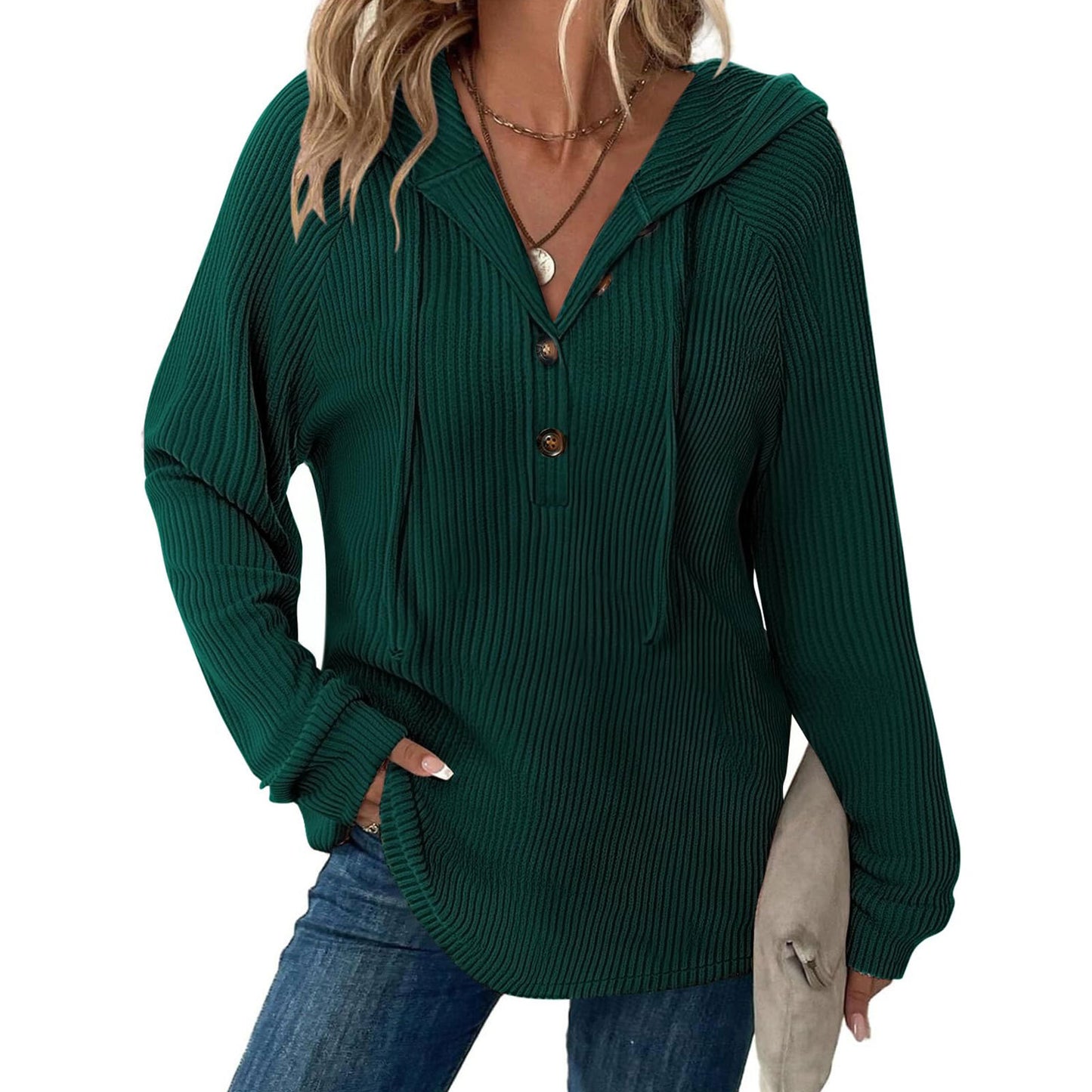 Ribbed Hooded Pullover with Button V-Neck