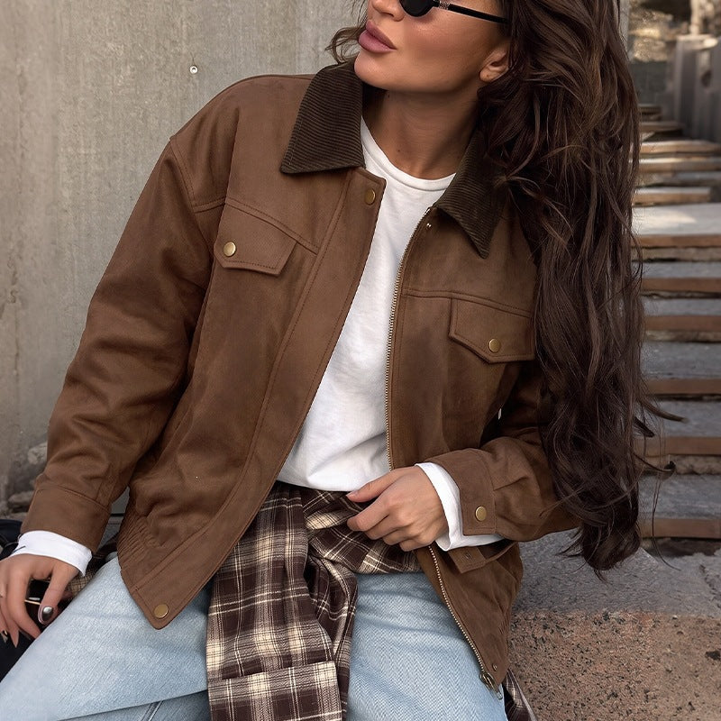 Faux Suede Corduroy Collar Zip Up Workwear Jacket