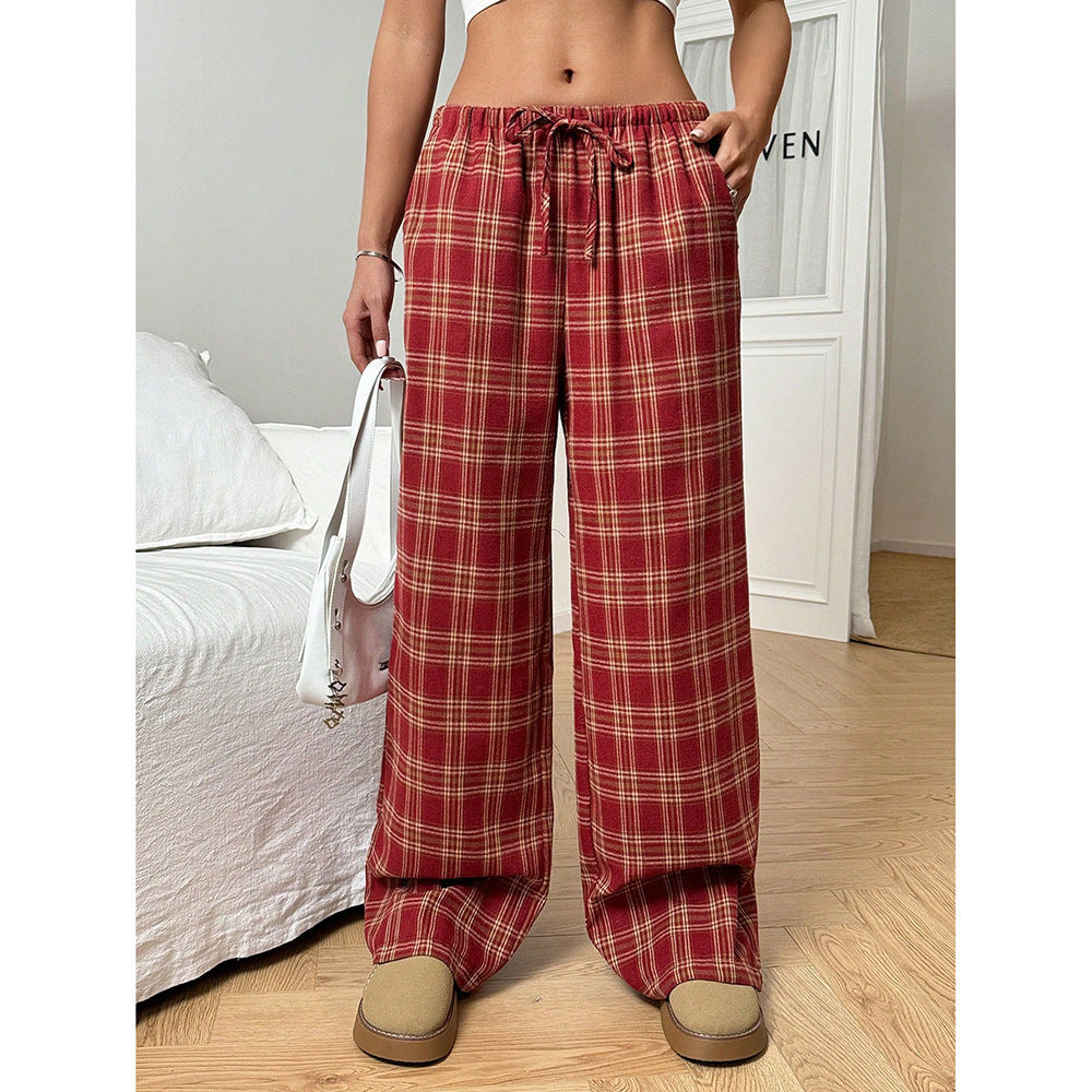 Gingham Check Wide Leg Casual Pants