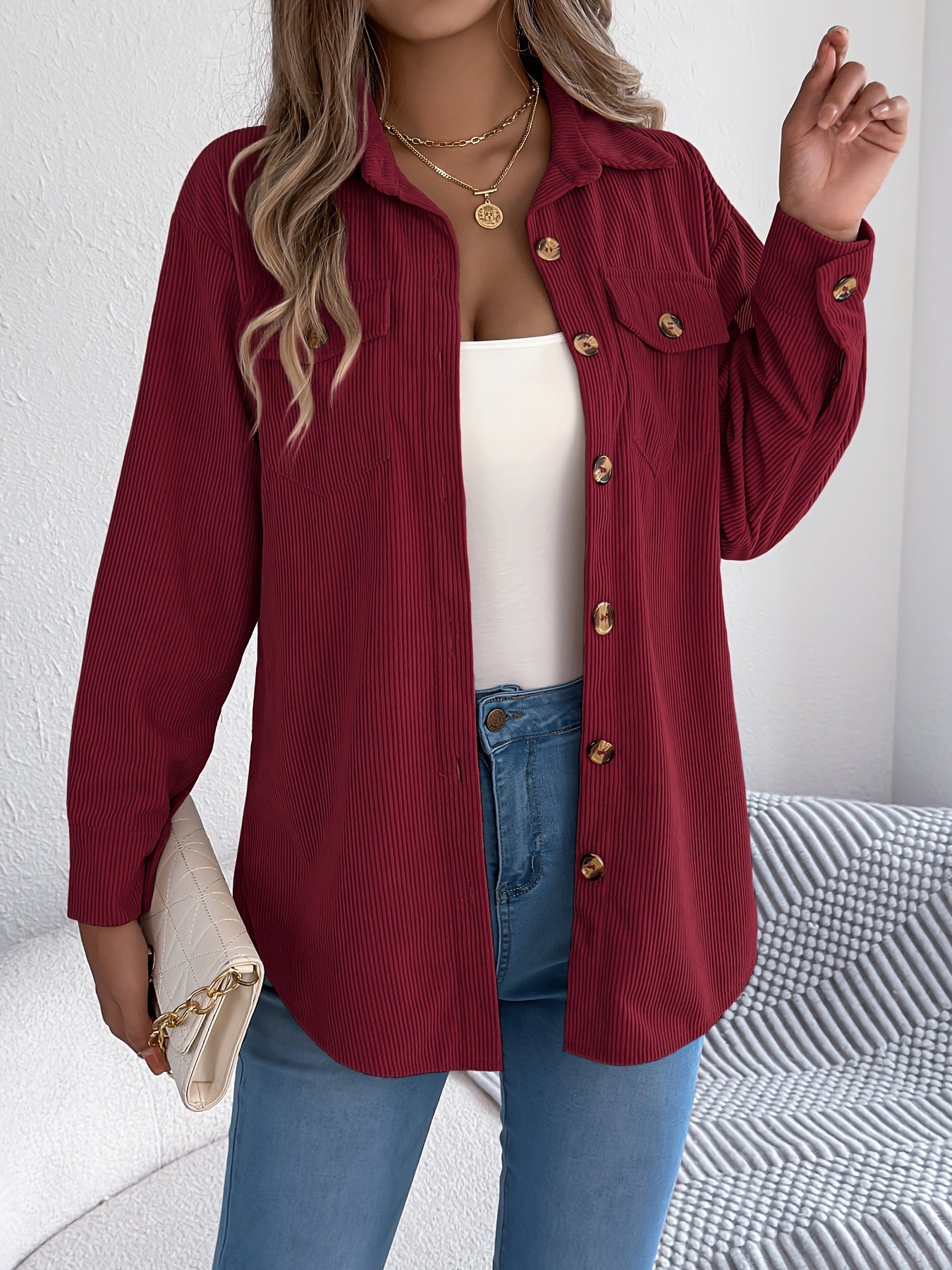 Corduroy Shacket Button Front Relaxed Fit
