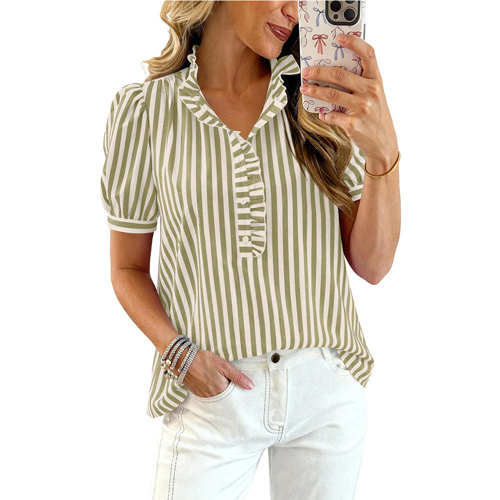 Striped Ruffle V Neck Blouse Puff Sleeve Summer Top