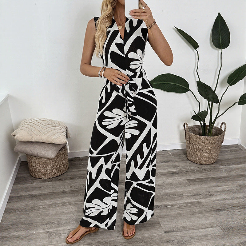 Bold Leaf Print Sleeveless V-Neck Summer Jumpsuit