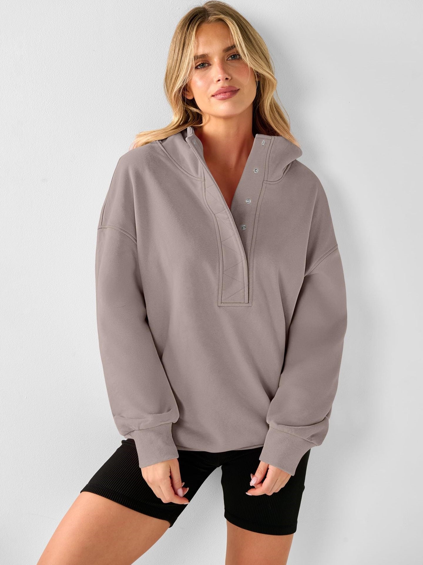 Solid Cotton Blend Hoodie Casual Oversized Snap Neck