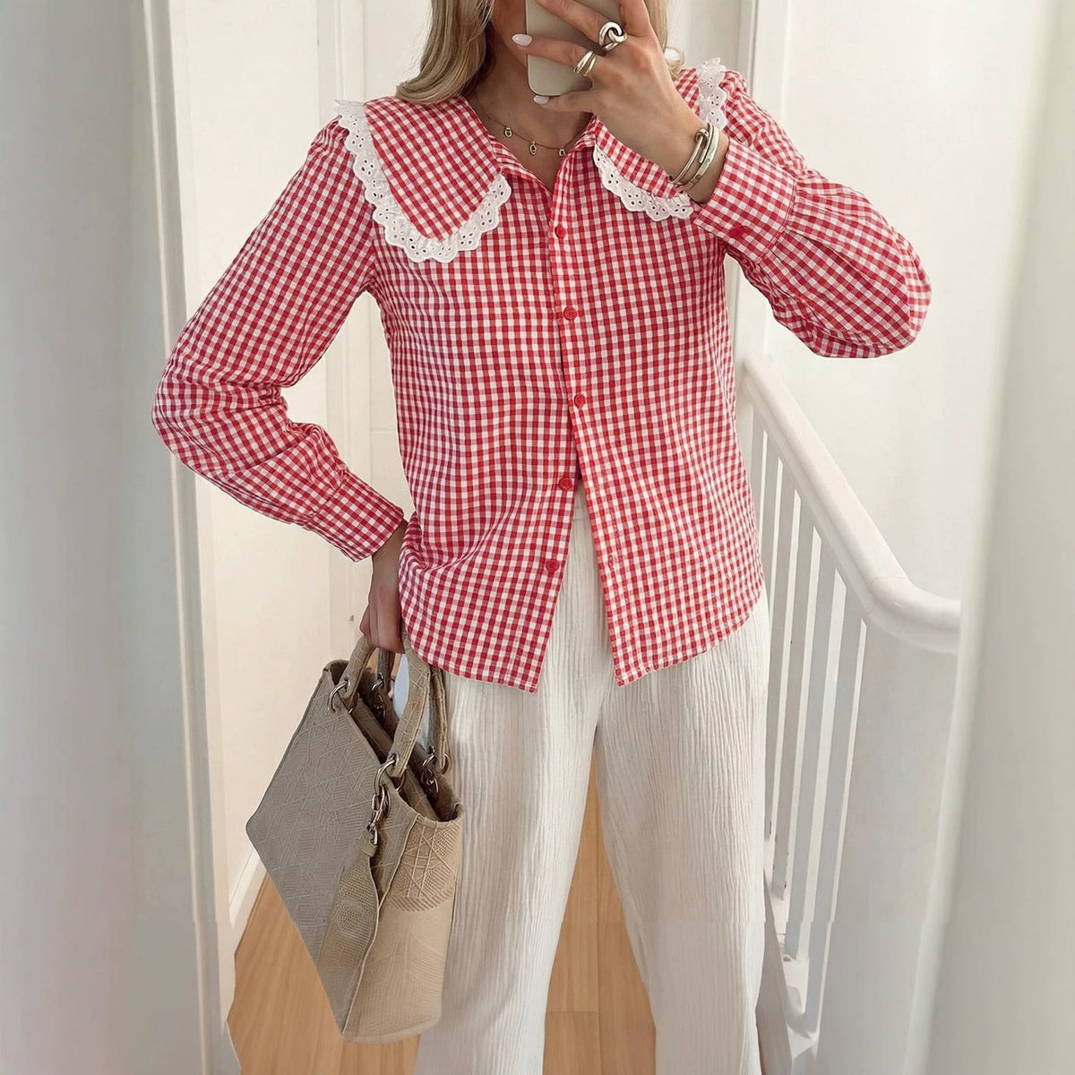 Gingham Lace Peter Pan Collar Long Sleeve Blouse