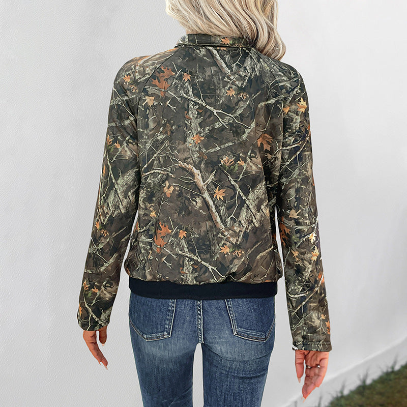 Camo Leaf Print Snap Collar Pullover Sweatshirt