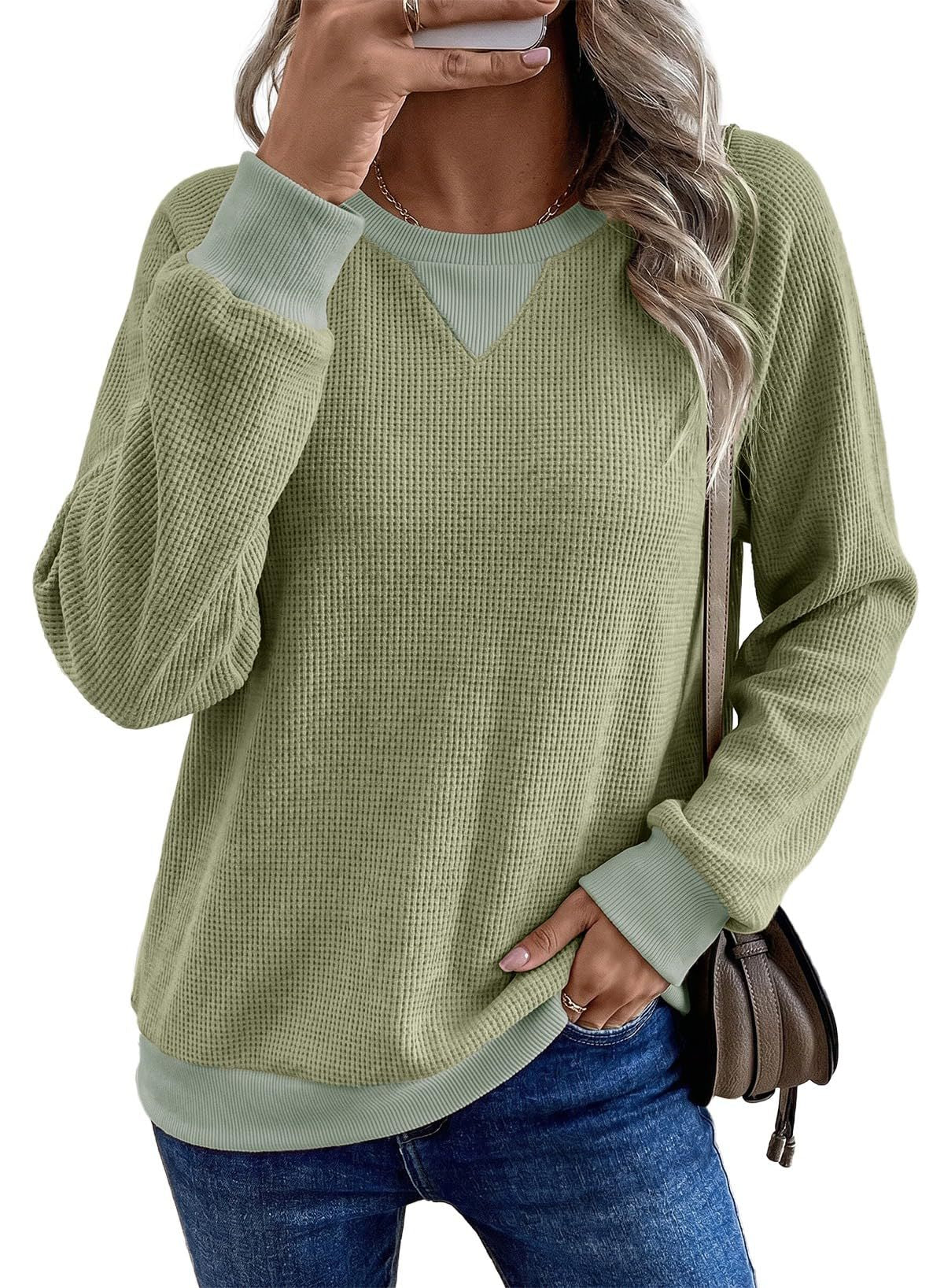 Contrast Waffle Knit Long Sleeve Casual Pullover Top