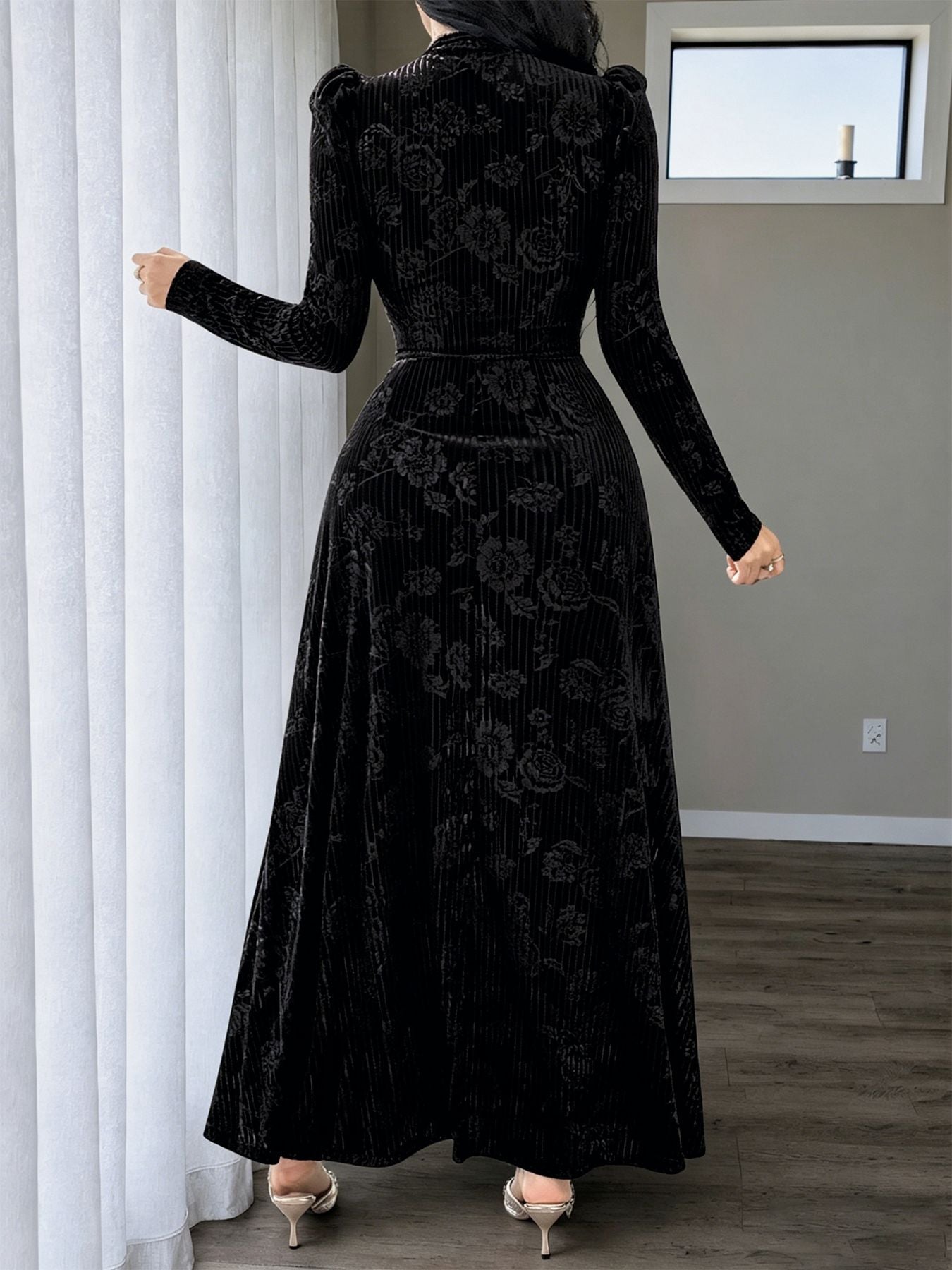 Plus Size Floral Velvet V Neck Maxi Dress