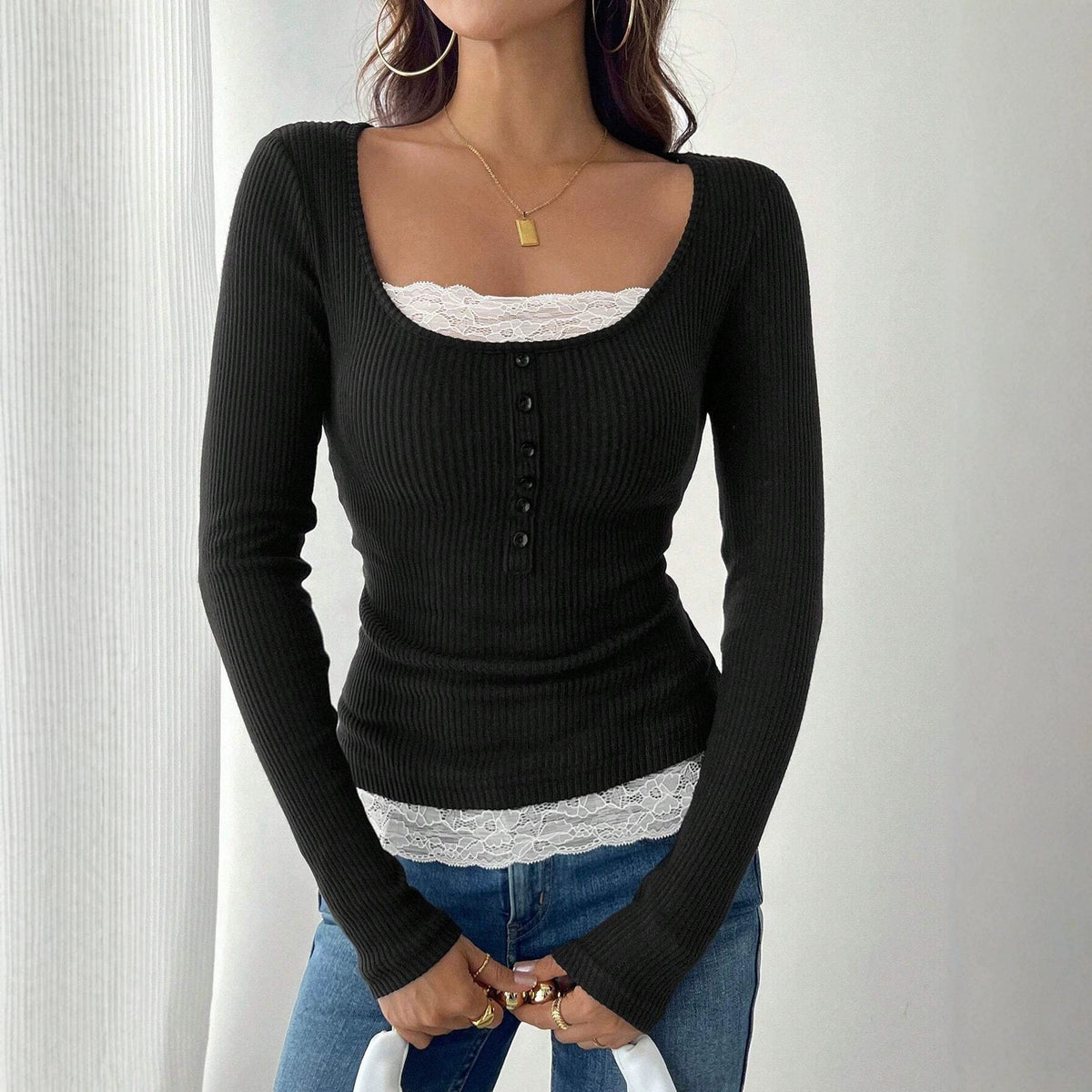 Lace Trim Ribbed Square Neck Long Sleeve Top