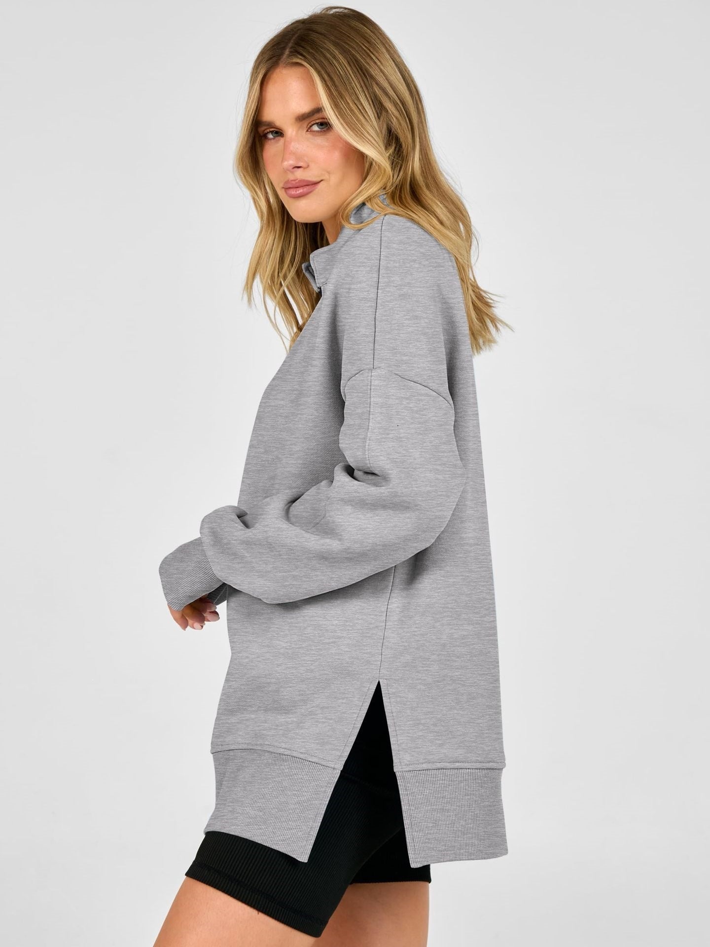 Half Zip Oversized Pullover Sweatshirt Side Slit Casual Top
