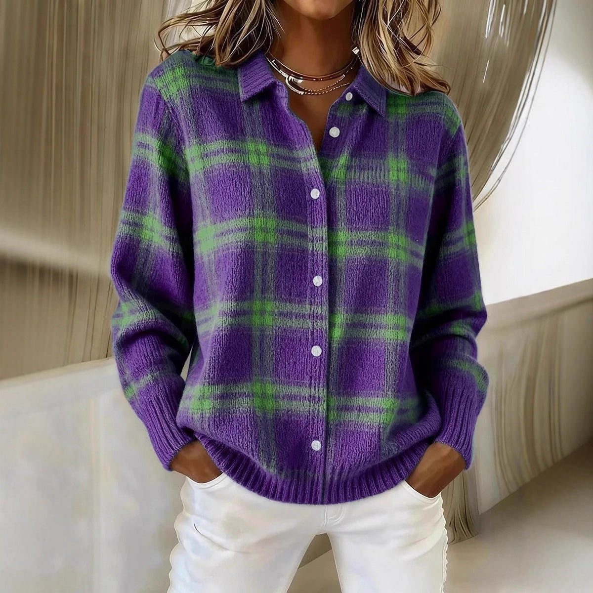 Plaid Knit Shirt Cardigan for Women, Relaxed Button-Up
