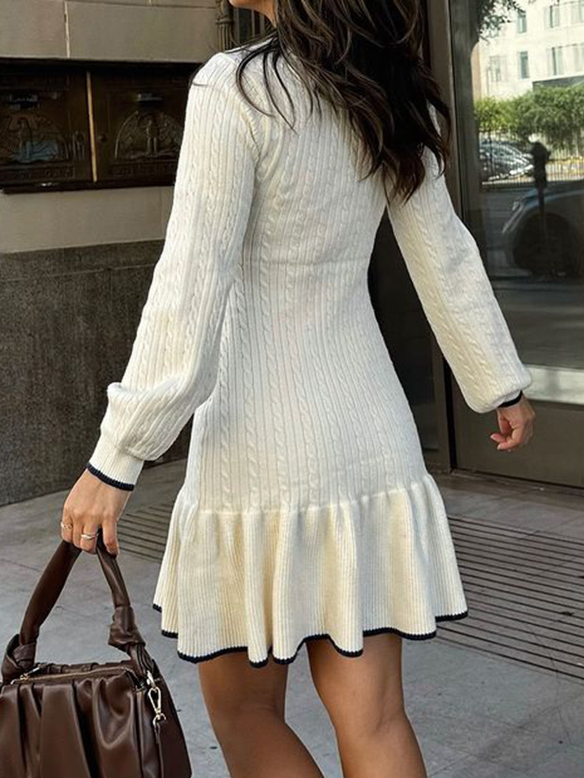 Women's Long Sleeve Cable Knit Ruffle Mini Sweater Dress