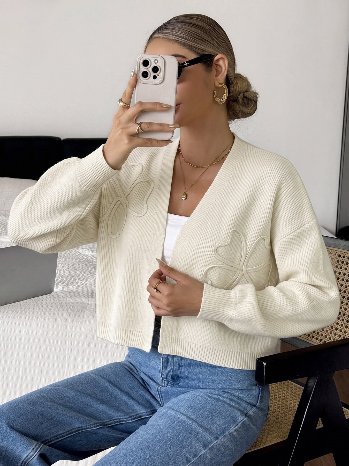 Embroidered Bow V Neck Knit Cardigan Long Sleeve Sweater